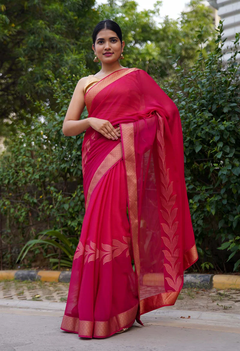 Pink Floral Woven Design Saree